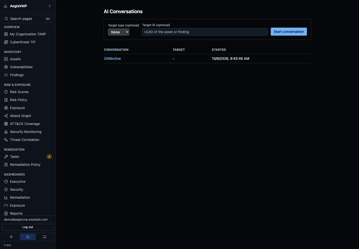 AegisVMP AI Conversations page with a multi-turn conversation over tenant data