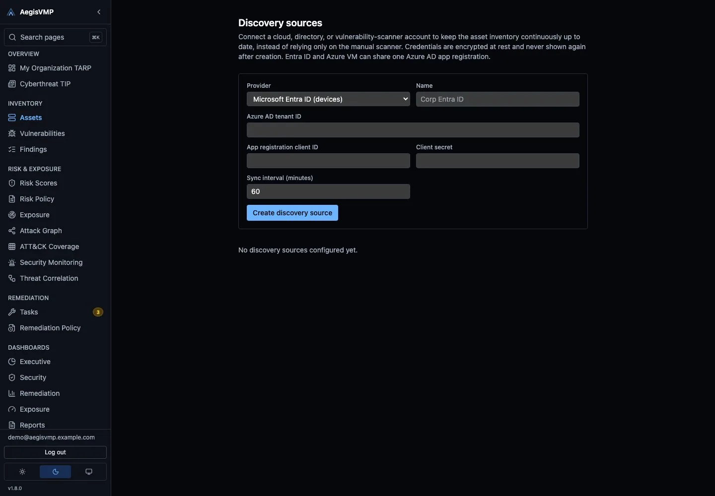 AegisVMP Discovery Sources page listing connectors and imports