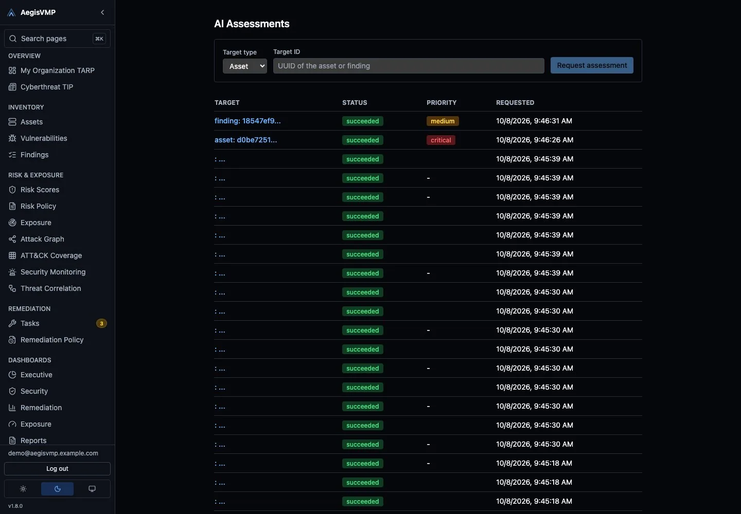 AegisVMP AI Assessments page