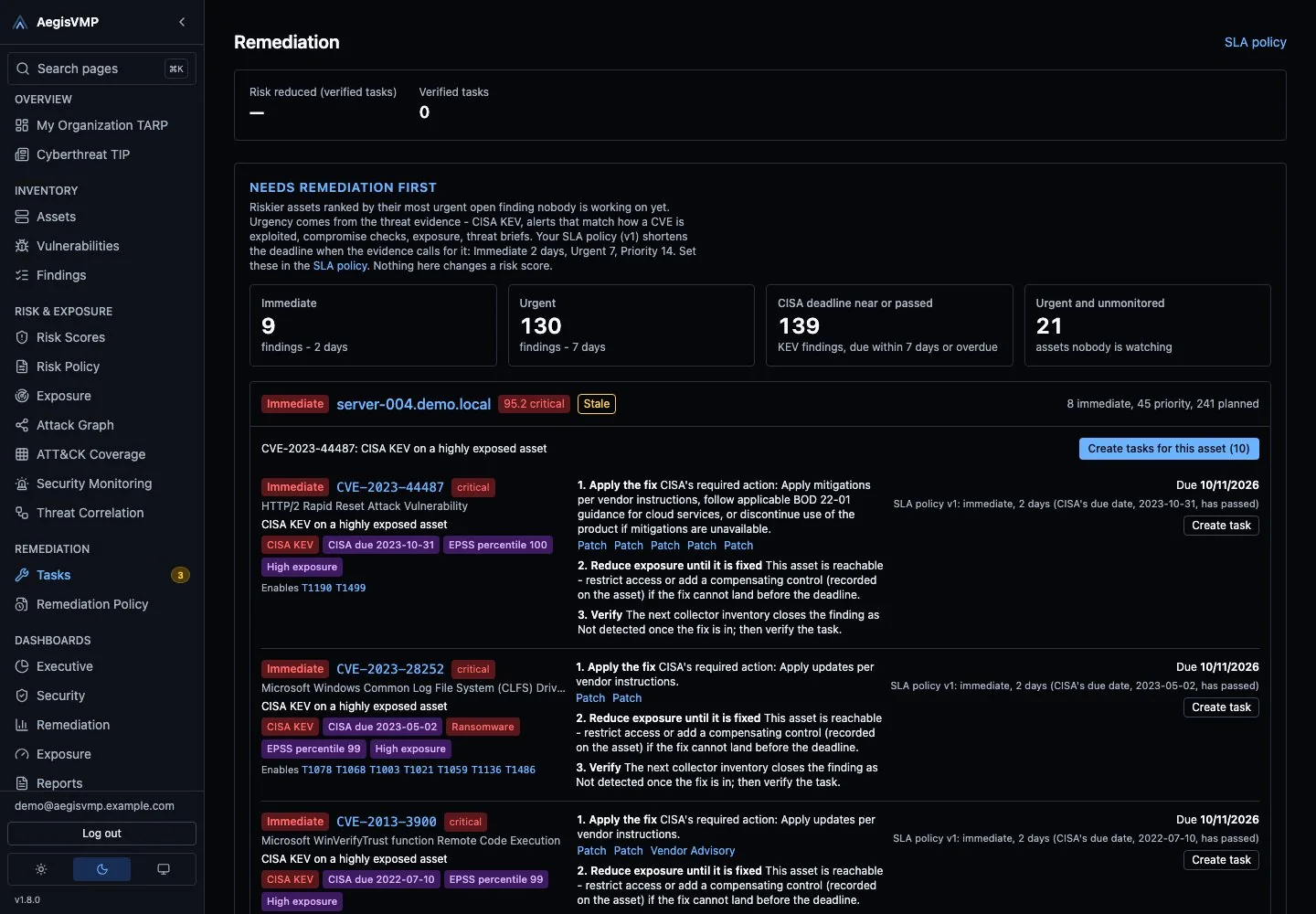 AegisVMP remediation workflow view showing ownership and status for prioritized findings