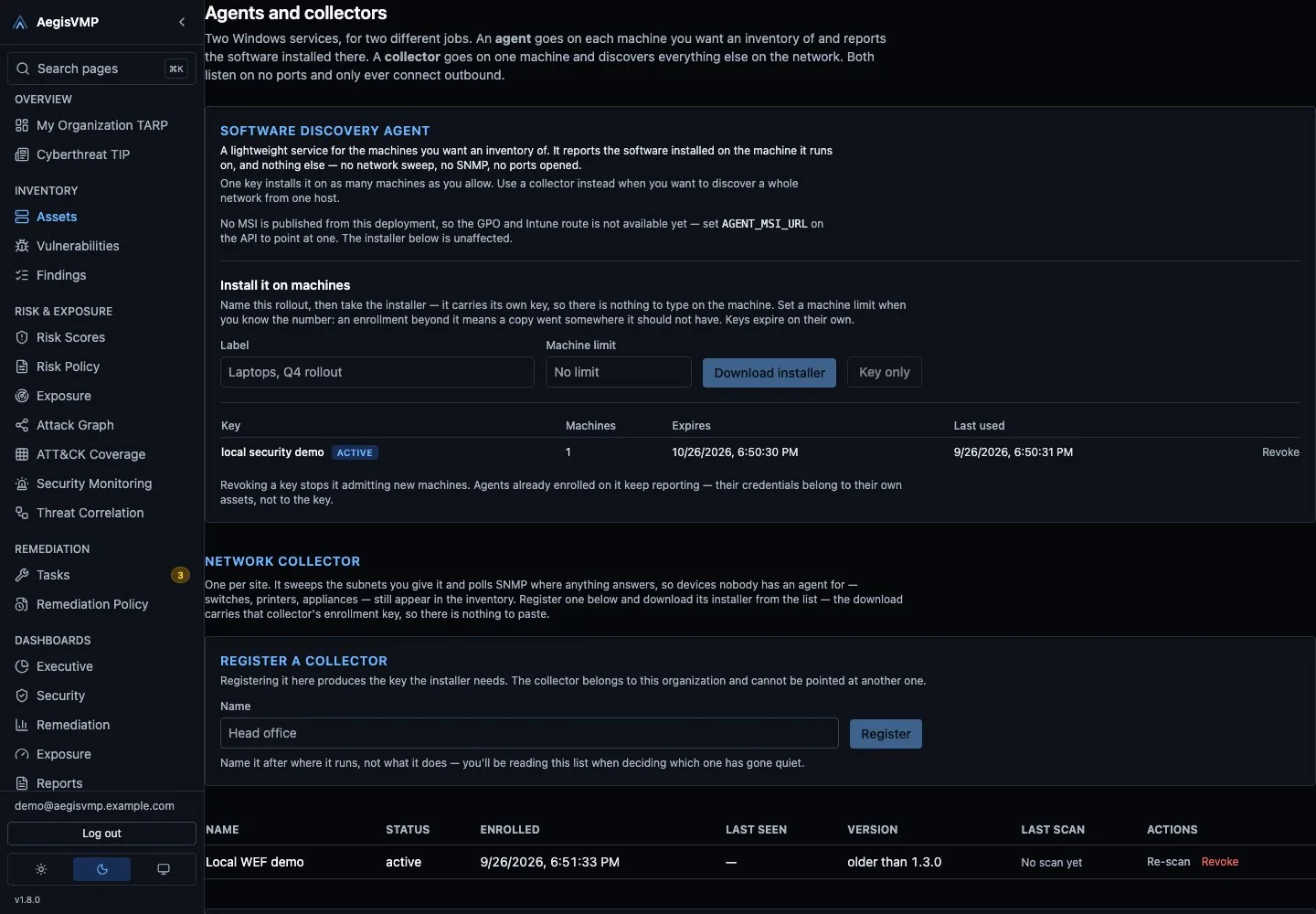 AegisVMP Collectors page managing site collectors and endpoint agents